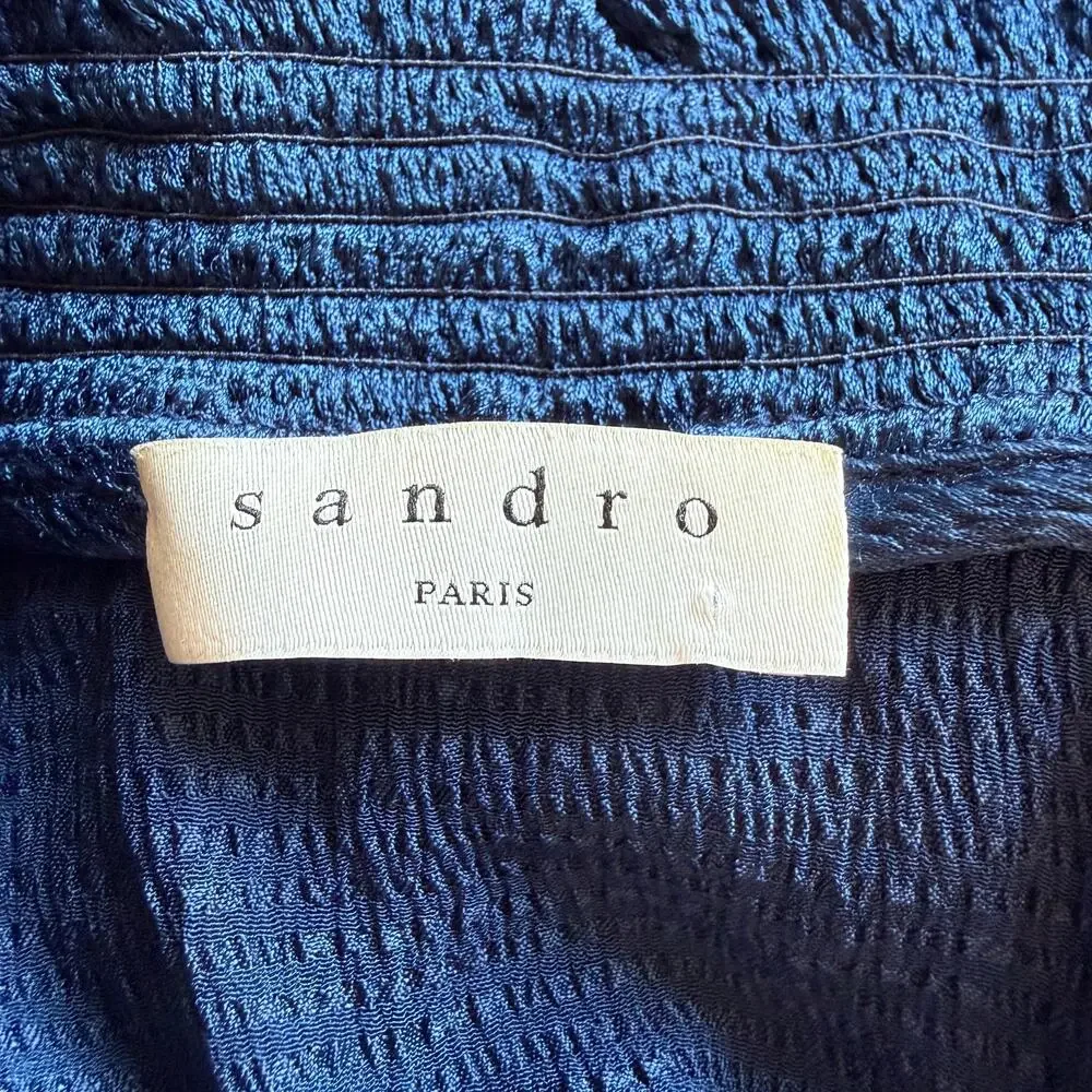 Sandro Paris Long Sleeve Tie Neck Flounce Hem Mini Dress In Navy Blue Size 36
